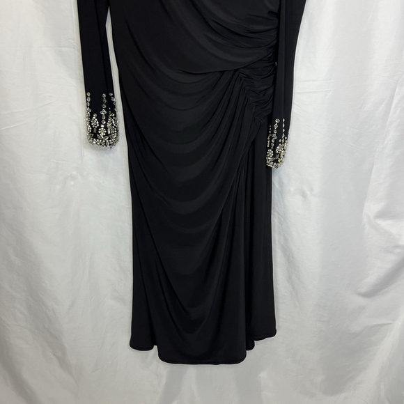 Mac Duggal Black Foldover Long Sleeve Jeweled Midi Dress One-Shoulder Long 10 - Picture 4 of 16